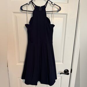 High Neck Scallop Navy Mini Dress